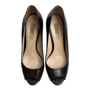 Prada Spazzolato Fume Brown Platform Pumps Peep Toe Rare Sz US 37 EUC $550